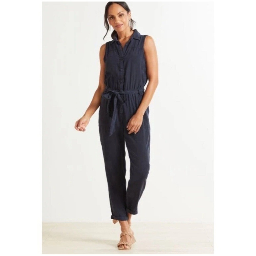 Cloth & Stone Women S Navy Jumpsuit Utility Boho Tencel Lyocell Belted Pockets